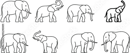 Elephant outline icon collection with standing walking and trunk up wildlife animal line art vector illustration set