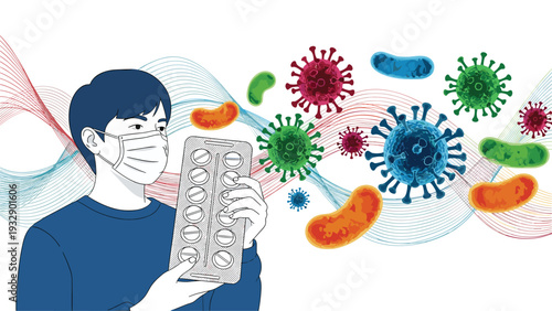 Young man wearing a protective face mask holding a blister pack of pills with colorful virus and bacteria icons.