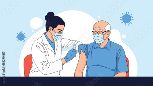 Professional doctor in a face mask and gloves administering a vaccine shot to a senior man in a blue shirt.