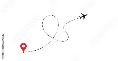Airplane flight path with dotted route line and red location pin travel journey destination concept illustration on light background