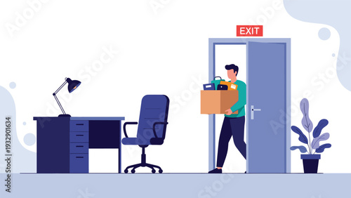 Man carrying a cardboard box of his personal items out of an empty office towards an exit door for a career change.