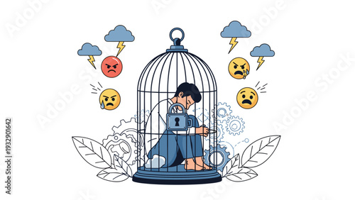 Man sitting curled up inside a locked birdcage surrounded by angry and sad emoji clouds with lightning bolts.