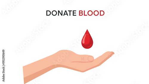 Human hand positioned to receive a single red drop of blood below the text donate blood on a clean white background.