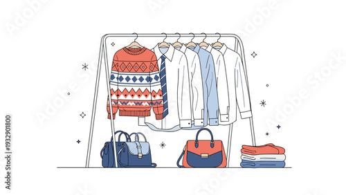 Modern clothing rack displaying a patterned sweater, formal shirts, and stylish handbags alongside a stack of neatly folded laundry items.