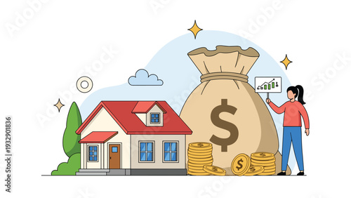 Professional woman presenting a financial growth chart next to a large money bag and a house, illustrating real estate investment success.
