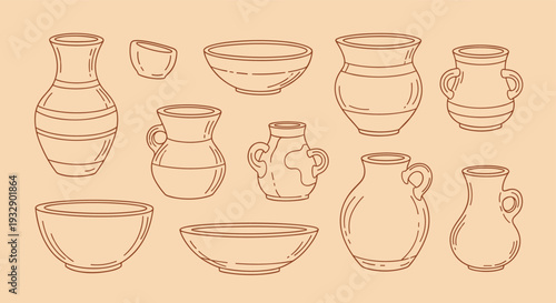 Collection of ancient pottery and ceramic vessels in a minimalist line art style on a neutral background