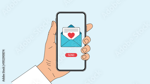 Human hand holding a modern smartphone displaying a romantic email with a red heart on an envelope, symbolizing digital love and messages.