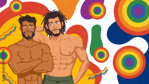 Two muscular handsome shirtless men smiling together with colorful rainbow circle background
