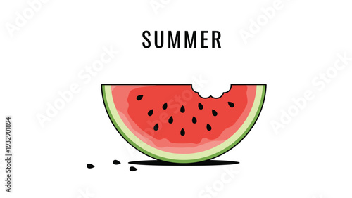 Refreshing slice of red watermelon with a bite taken out and seeds scattered nearby, symbolizing summer snacks and healthy fruit consumption.
