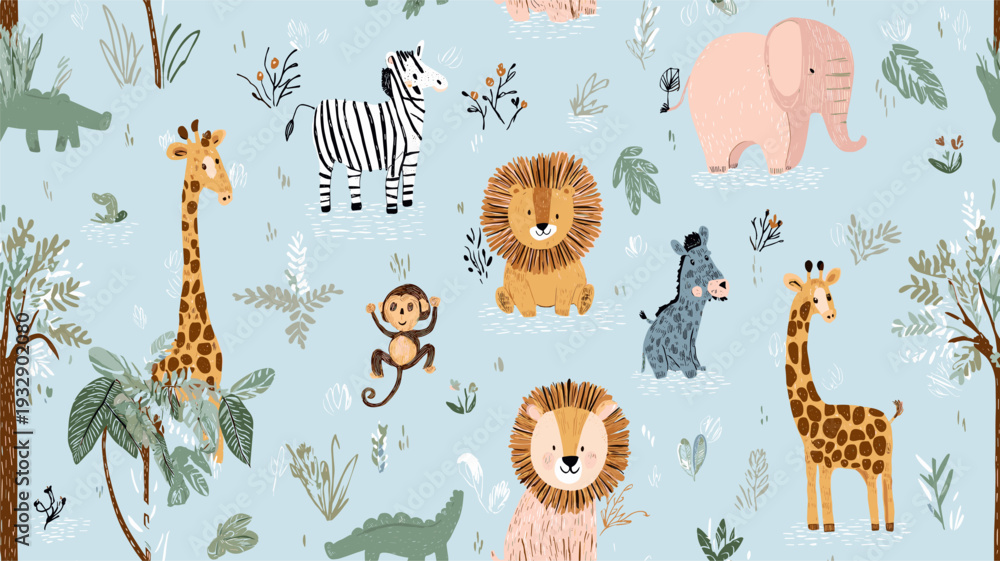 Fototapeta premium Safari animals pattern with giraffes, elephants, and lions on a light blue background. Cute cartoon jungle animals seamless pattern