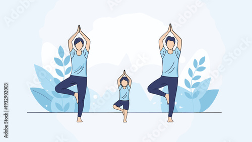 Family including parents and a child practicing the yoga tree pose together in a peaceful blue landscape to promote health and balance.