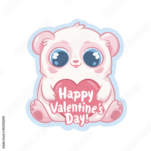Cute cartoon animal holding a pink sign for Valentine's Day celebration. Cute big-eyed animal delivering Happy Valentine's Day message