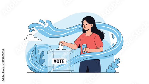 Young woman casting her ballot into a transparent vote box surrounded by flowing blue water-like energy lines to represent civic participation.