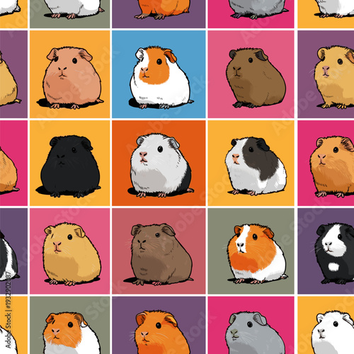 Nine cute guinea pigs in a colorful pop art distinct grid pattern. Pop art guinea pig distinct pet portraits grid
