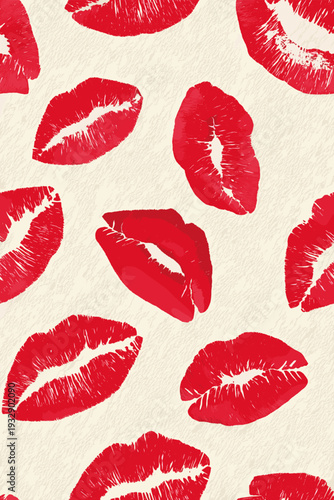 Red lipstick kiss marks covering a cream textured paper surface, creating a playful pattern. Red lipstick kiss marks seamless pattern on textured paper