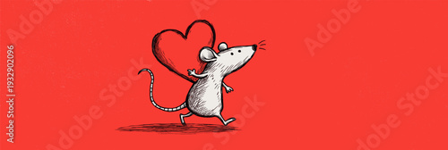 Cartoon gray rat running with a large red heart on a solid red background. Cute gray rat carrying red heart running