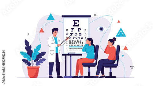 Professional ophthalmologist using a pointer to perform a vision test for two female patients using a standard eye chart in a medical clinic.