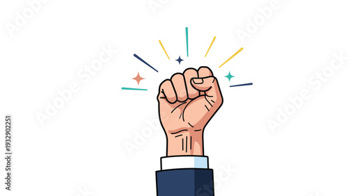 Strong clenched fist raised upwards with colorful spark lines around it, representing power, victory, solidarity, or a successful achievement.