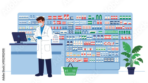 Male pharmacist wearing a protective face mask and white coat working at a computer in a pharmacy stocked with various medicine shelves.