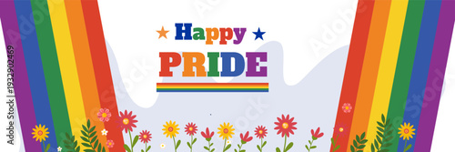 Happy pride message with vertical rainbow ribbons and flowers at the bottom