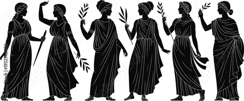 Ancient Greek women silhouettes, classical mythology muses figures, traditional toga dresses, olive branch symbols vector illustration