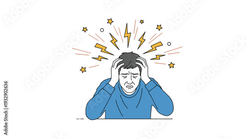 Stressed man suffering from severe headache or migraine holding his head with lightning and star symbols illustrating pain.