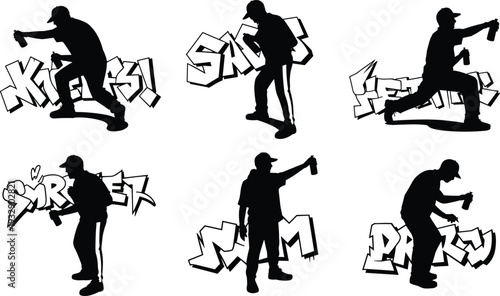 Graffiti artist silhouette set, street art spray painting action poses, urban hip hop culture vector illustration collection