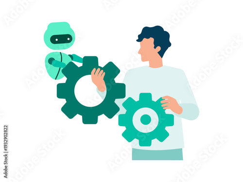 Young casual man brainstorming innovative ideas with a friendly AI robot character and mechanical gears representing system integration