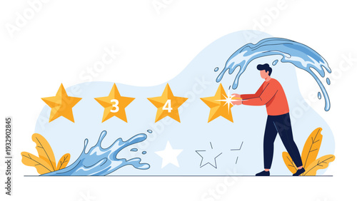 Man providing positive customer feedback by selecting four golden stars for excellent service or high quality product experience.