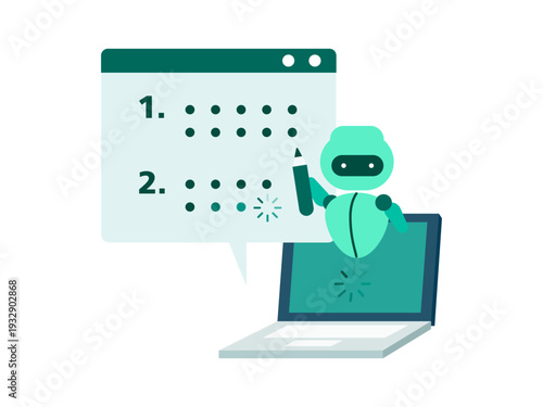 Small AI robot character summarizing and organizing complex text data on a laptop web browser interface for efficiency
