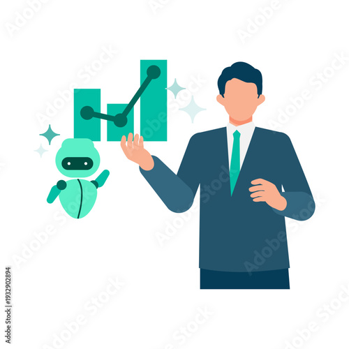 Professional businessman and AI robot partner presenting data analysis charts and financial growth graphs together in a meeting