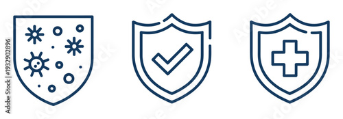 Immune system and antibacterial protection line icons, minimalist vector illustrations including shield, germ, and protective barrier symbols, editable graphics for public health awareness campaigns