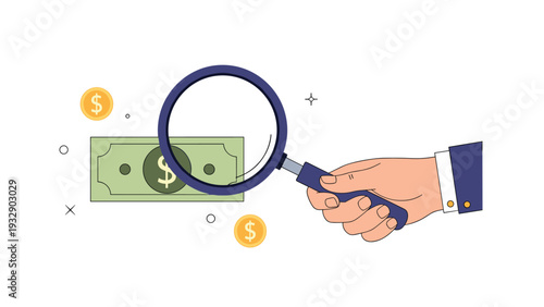 Hand holding magnifying glass to inspect dollar banknote for details illustrating financial audit fraud detection or business analysis.