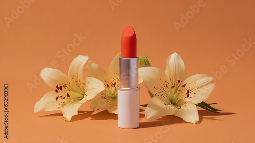 A vibrant orange lipstick stands with lilies on an orange surface, a beauty-focused composition