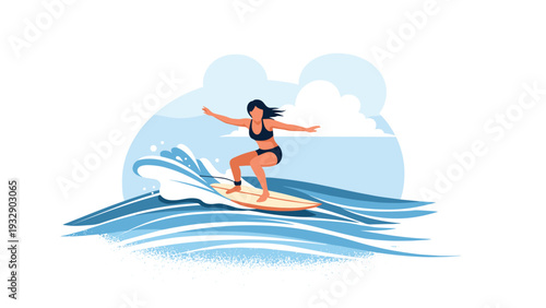 Athletic woman surfing on big blue ocean wave with surfboard under clear sky representing summer vacation and active lifestyle.