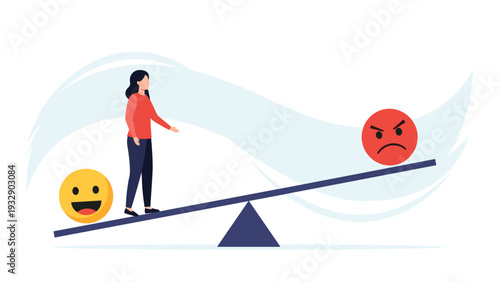 Woman standing on a seesaw balancing between positive happy emoji and negative angry emoji for mental health awareness.