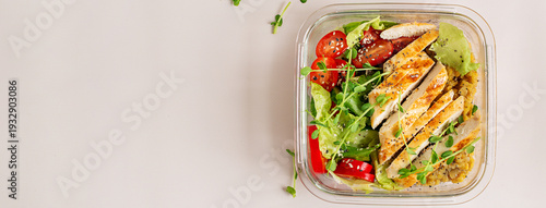 Healthy lunchbox with grilled chicken, lentils, fresh vegetable salad. Fitness food. Banner