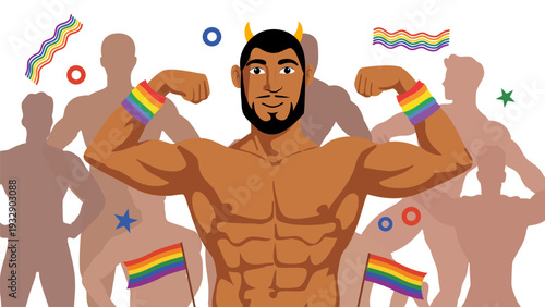 strong muscular man flexing arms with pride flags and rainbow heart icons