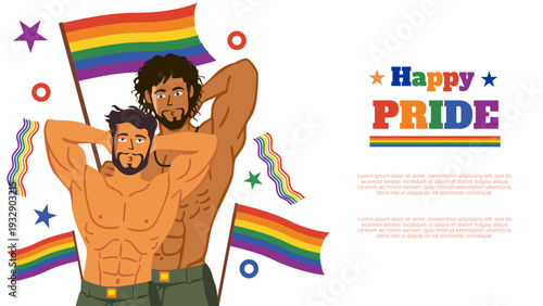 two muscular men embracing and posing with rainbow flags and confetti decorations