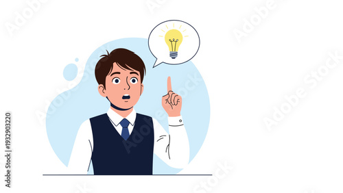 Young student or office worker pointing up with surprised expression as bright idea light bulb appears in thought bubble.