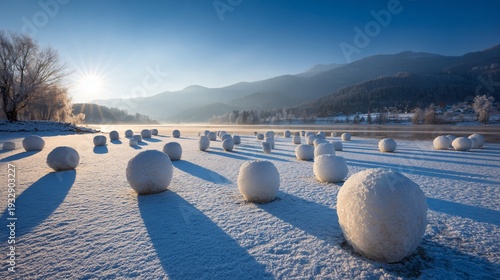 Scenic lakeside view with spherical frozen formations against a backdrop of mountains and a bright sun