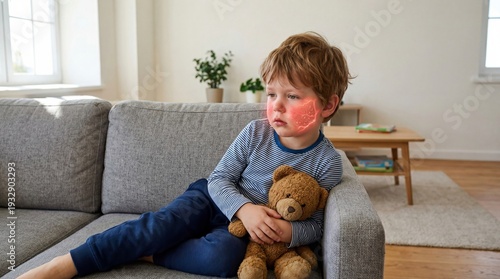 Little boy child with a red highlighted face area showing pain on a couch. Concept of toothache, mumps, ear infection, or other childhood illness. Healthcare and medicine.