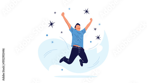 Happy man jumping high in the air with arms raised to celebrate great success or freedom with sparkling stars background.