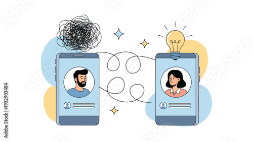 Two people communicating via smartphones with one having tangled thoughts and the other having clear creative idea.