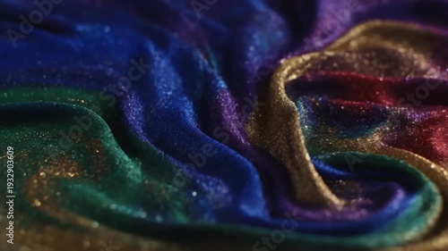 A flowing silk fabric design featuring abstract snake and peacock patterns with smooth liquid waves of purple and blue satin texture