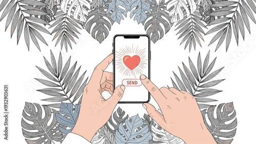 Hands holding smartphone and touching heart icon to send love message with tropical palm leaf background decoration.