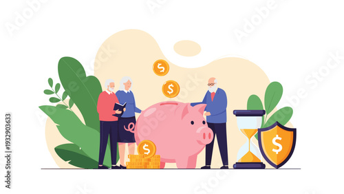 Group of senior people saving money in a giant pink piggy bank with an hourglass and shield to represent retirement planning and financial security.