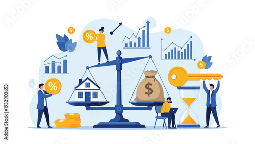 People balancing a house model and a money bag on scales to illustrate real estate investment, mortgage loans, and property value assessment.