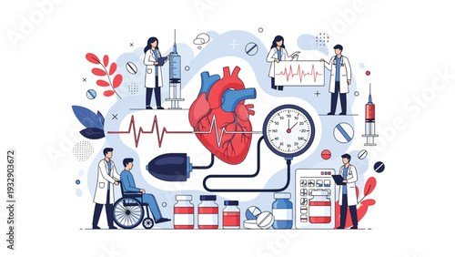 Human heart anatomy surrounded by medical professionals and various diagnostic tools to represent cardiology, heart health, and advanced medical care.