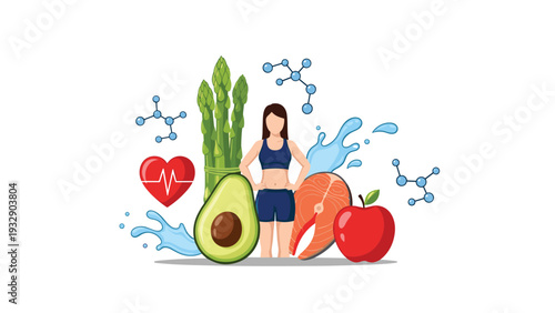 Healthy lifestyle concept featuring a woman surrounded by nutritious foods like avocado, salmon, and asparagus along with water splashes and atoms.